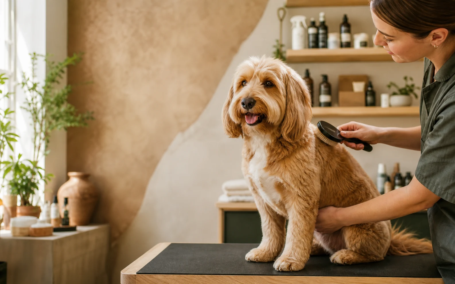 A happy golden dog enjoying a gentle brush in a warm grooming studio